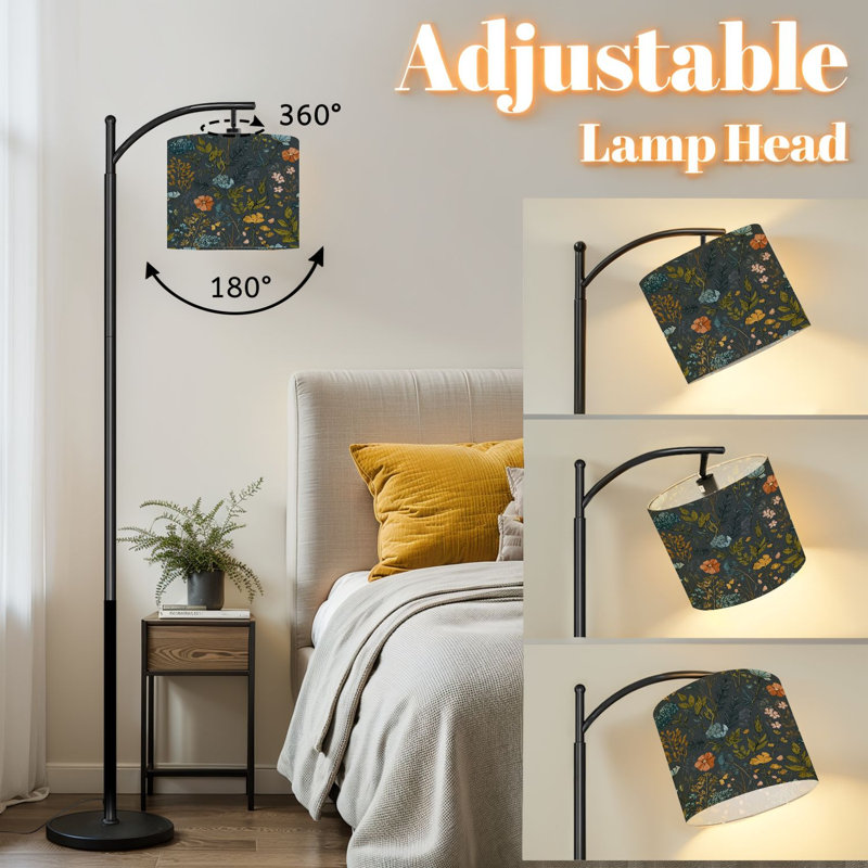 Lampe sur pied à arc avec abat-jour réglable fleurs botaniques, fleurs sauvages, lampe sur pied vintage rétro, 3 températures de couleur, intensité variable, grand mât avec interrupteur au pied pour la chambre à coucher
