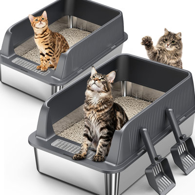 Stainless Steel Cat Litter Box , High - Sided Abs To And Urine Escape, Non Stick Surface For Fast Thorough Cleaning, Odor Design, With Hook Organization, Black Silver, 23.06 In Depth, 14.56 Width,