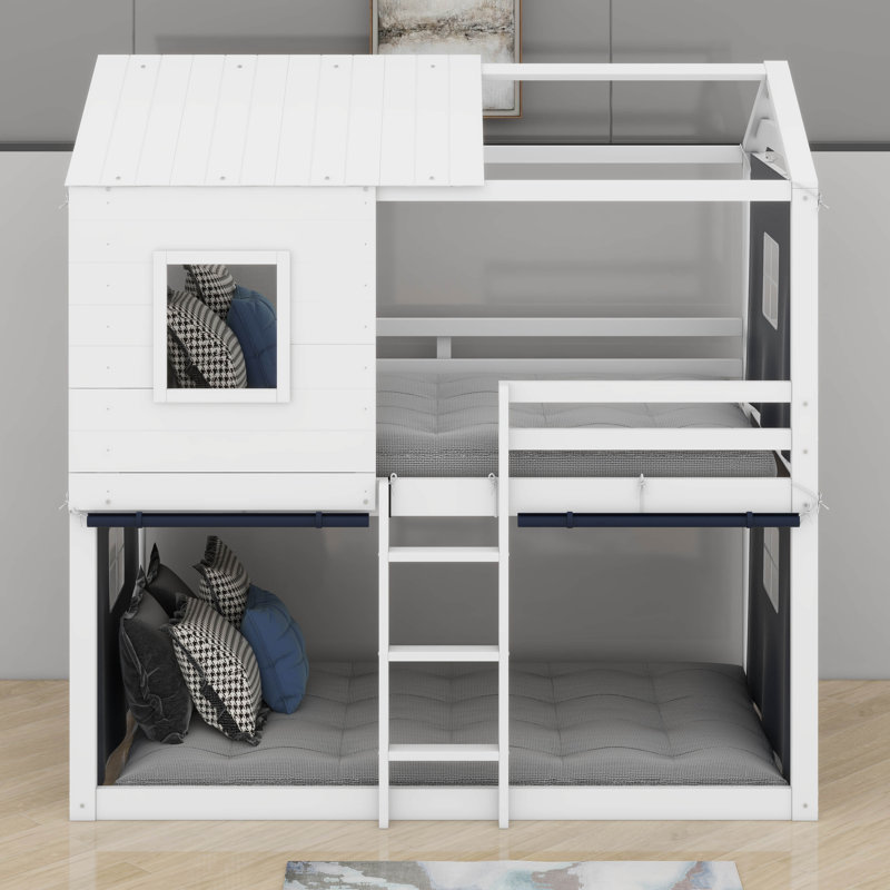 Lit double en bois, Lit double, Bleu / blanc