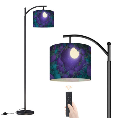  Lampe sur pied arc pleine lune nuit encadrée par des fleurs mauves feuilles vertes haute lampe moderne sur pied abat-jour réglable en lin à 3 couleurs