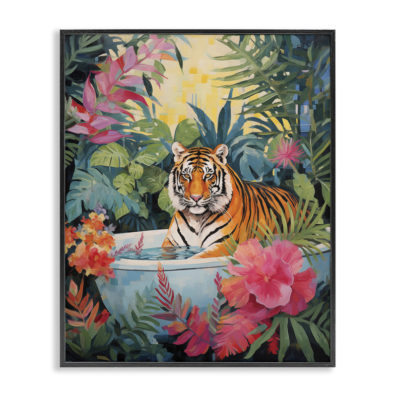 Tigre dans une baignoire luxueuse, estampe numérique, design par Heidi Kuntz, H 14 po x l 11 po, Giclée encadrée noir minuit