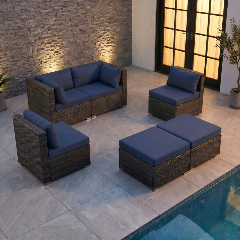 Ensemble de canapé modulaire d'extérieur en osier avec repose-pieds, ensemble de conversation à assise profonde avec coussins