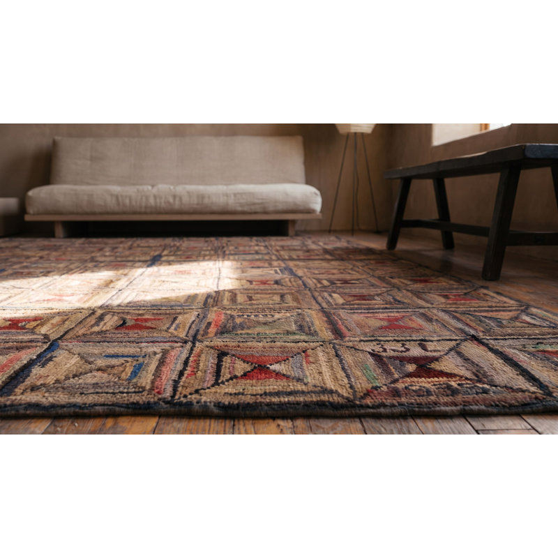 Antique Geometric Pattern American Hooked Area Rug