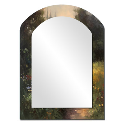 Quaint Cottage And Garden Oasis I - Landscape Asymmetrical Large Mirror, Traditional Arch Decorative Wall Mirror, Printed Metal Art