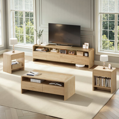 Dulane Modern 4-Piece Living Room Table Set with Large Drawers & Curved Edges,Natural