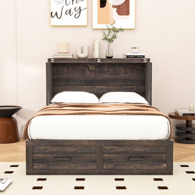 1 Drawer Wood Murphy Bed with Charging Station, Foldable into a Cabinet