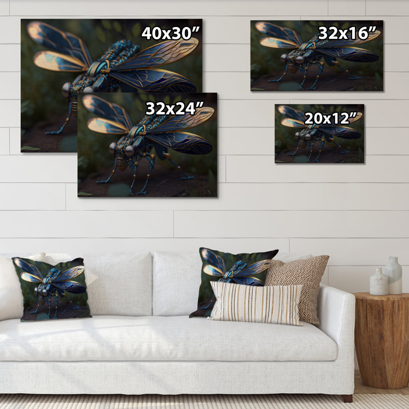 Décoration murale libellule cybernétique en bleu et or II - Libellule animaux, H 16 po x l 32 po x P 1 po, Bois enveloppé