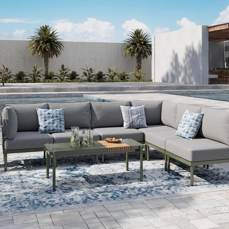 7 Pieces Outdoor Sectional Seating Group With 6 Inch Olefin Cushions, Patio Conversation Sets, Green