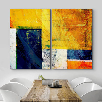 Blocs de couleur pastel jaune néon / bleu marine - reproduction sur toile 2 pièces