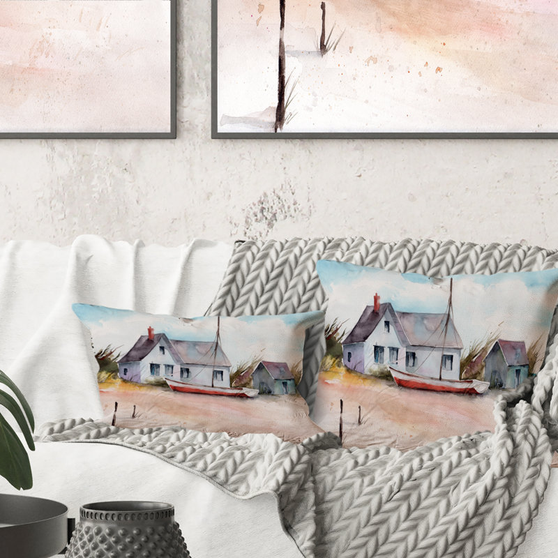 Maison avec petit bateau sur une plage I - Coussin décoratif imprimé nautique et côtier, 18 po x 18 po