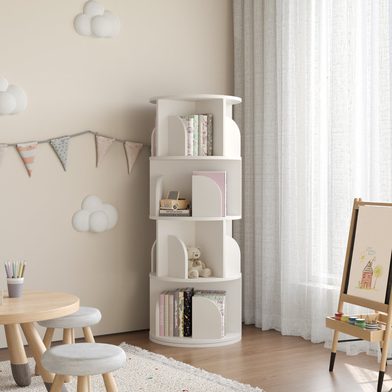Rotating Bookshelf, 4 Tier Small White Bookcase Corner Shelves Display Storage Tower Space-Saving Revolving For Small Space