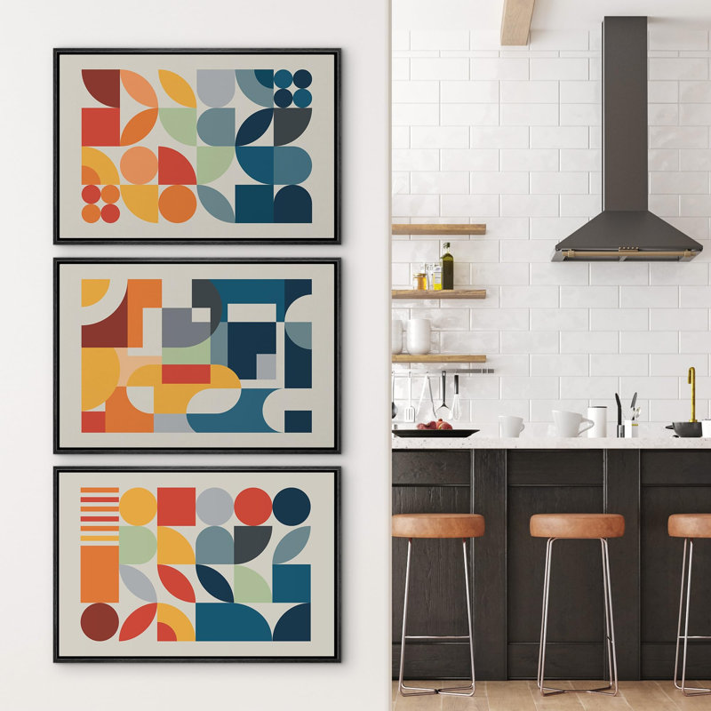 Ensemble de 3 pièces Mid-Century «Bright Orange Mid-Century Modern Retro Polygon», H 24 po x l 36 po, Cadre noir
