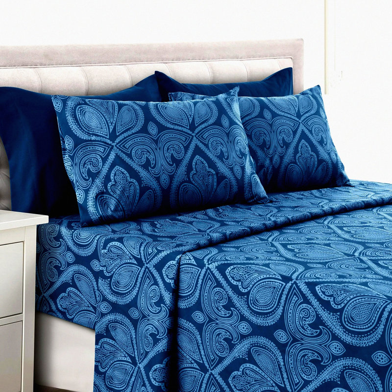 CoolBreeze 6-Pc Hotel Collection Queen Sheet Set - Breathable Microfiber Sheets with Deep Pockets for Easy-Fit. Soft, Wrinkle Free Paisley Design in Navy Blue. Oeko-Tex Certified.