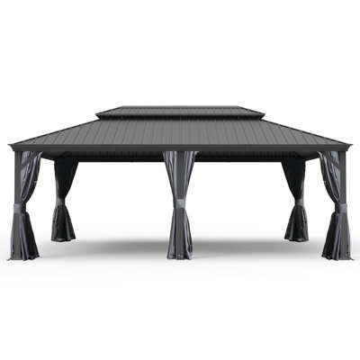 Pavillon de jardin à toit rigide de 14 pi x 24 pi, pavillon de jardin en métal amélioré avec système de drainage, toit en acier galvanisé à double couche, rideau et filet, auvent d'abri extérieur pour patio, jardin et cour arrière, gris
