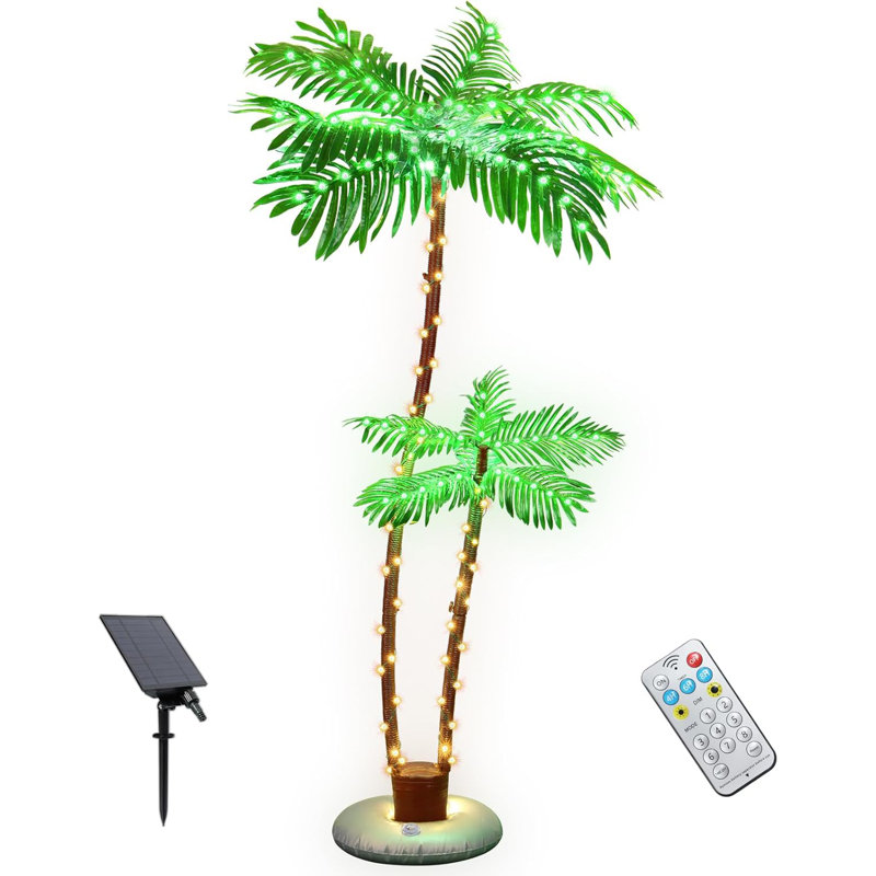 Solar Lighted Palm Trees For Outside Patio, Bar Pool Deck Outdoor Decorations Decor, Light Up LED Artificial Fake Tree Lights For Yard Tropical Party Christmas