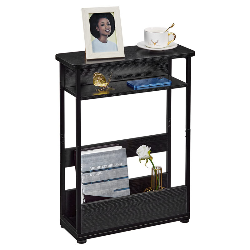 Industrial Rustic 3 Tier Side Table With Magazine Rack, Black