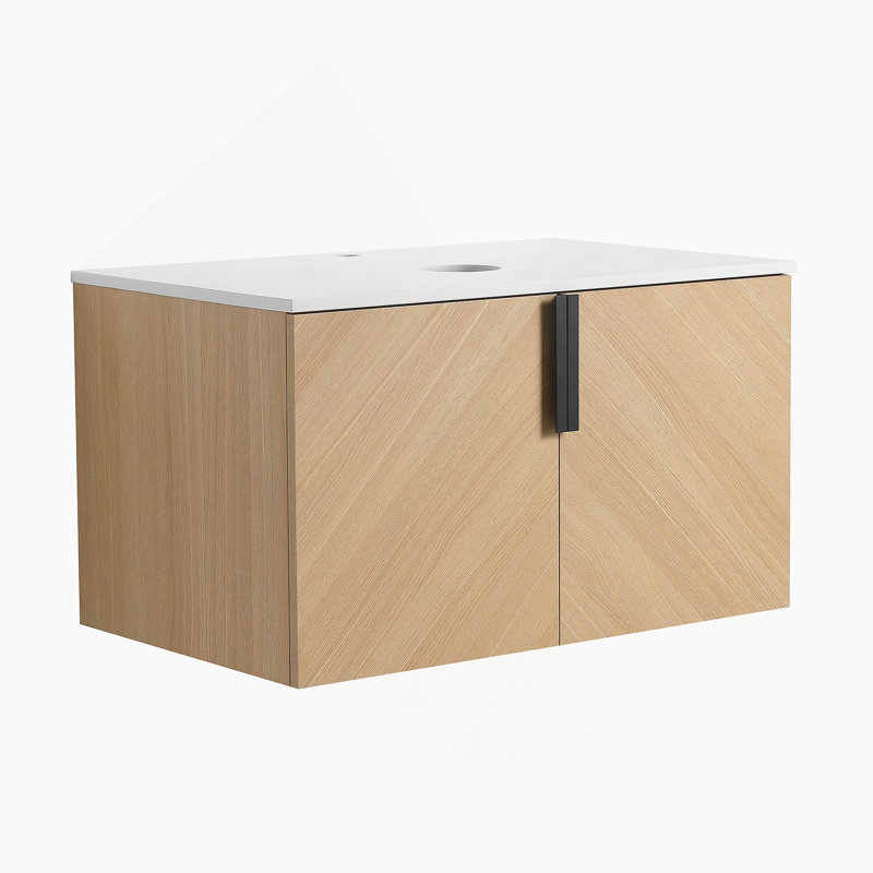Meuble-lavabo mural avec dalle de pierre artificielle, portes à fermeture douce et matériau durable pour un rangement facile et une conception élégante