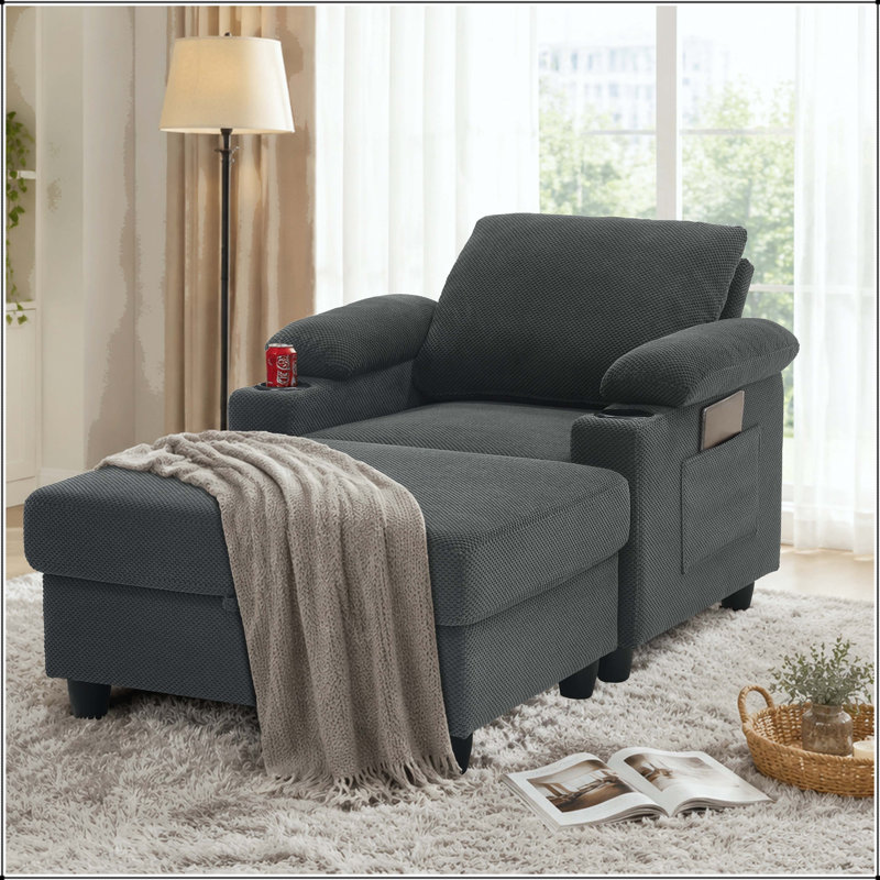 Fauteuil d'appoint convertible avec repose-pieds, porte-gobelets, ports USB et dossier inclinable, Tissu gris foncé