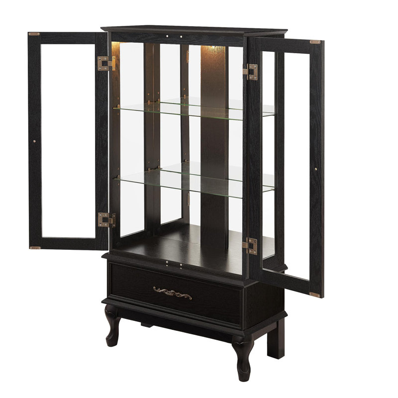 Lighted Curio Cabinet With Glass Doors And Adjustable Shelves 2 Door Wine Cabinet Display Curio Cabinet With LED Lights Light Black Finish And Drawer For Home Decor And Storage