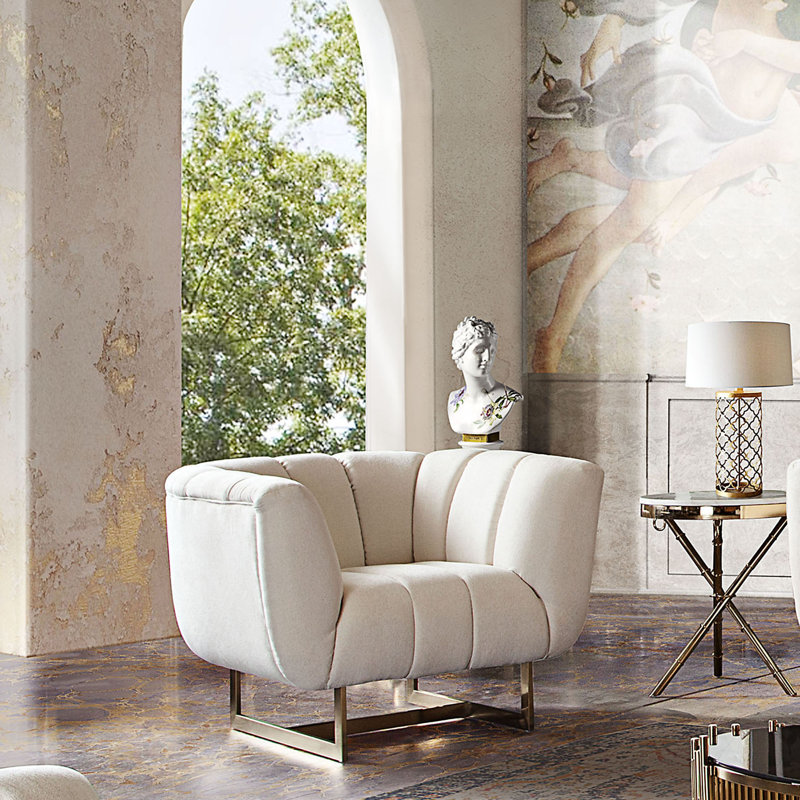 Venus Cream Fabric Chair W/ Contrasting Pillows & Gold Finished Metal Base, Cream