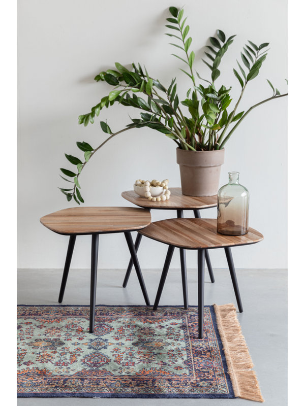 Natural Teak and Black Iron Nesting Coffee Table Set