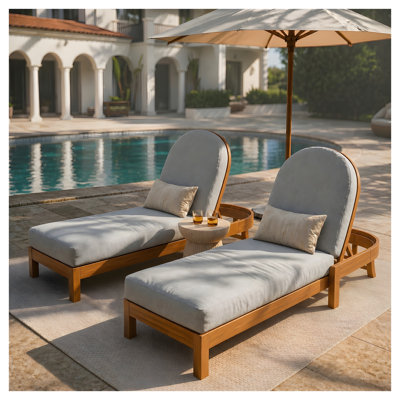 Chaise longue de patio en bois d'acacia avec dossier réglable, ensemble de 2, chaise longue inclinable d'extérieur en teck avec coussin gris clair, chaise longue simple pour terrasse de jardin près de la piscine