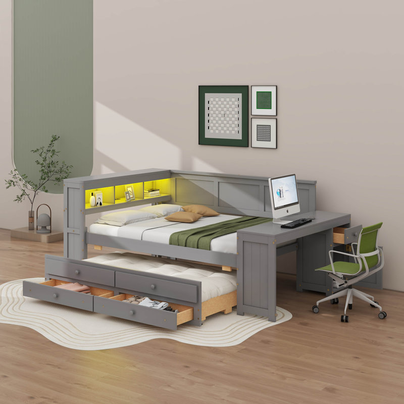 Lit de jour double avec tablettes de rangement, tiroirs, lit gigogne, station de charge, lumière DEL, bureau et armoire, Gris