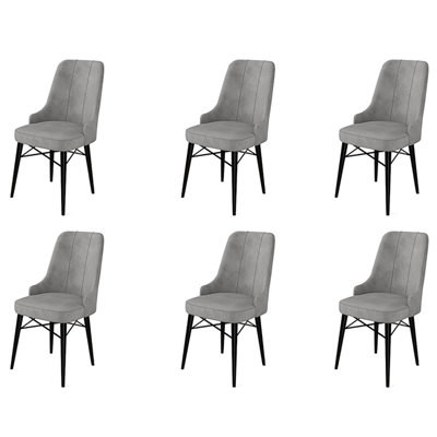 Modern 6-Piece Chair Set, Grey & Black, 18.5 x 37.0 x 18.1 inches | 100% Metal Frame with Wooden Legs | Babyface Fabric, 18 DNS Foam Back & 22 DNS Foam Seat | Stylish & Comfortable for Dining or Living Room