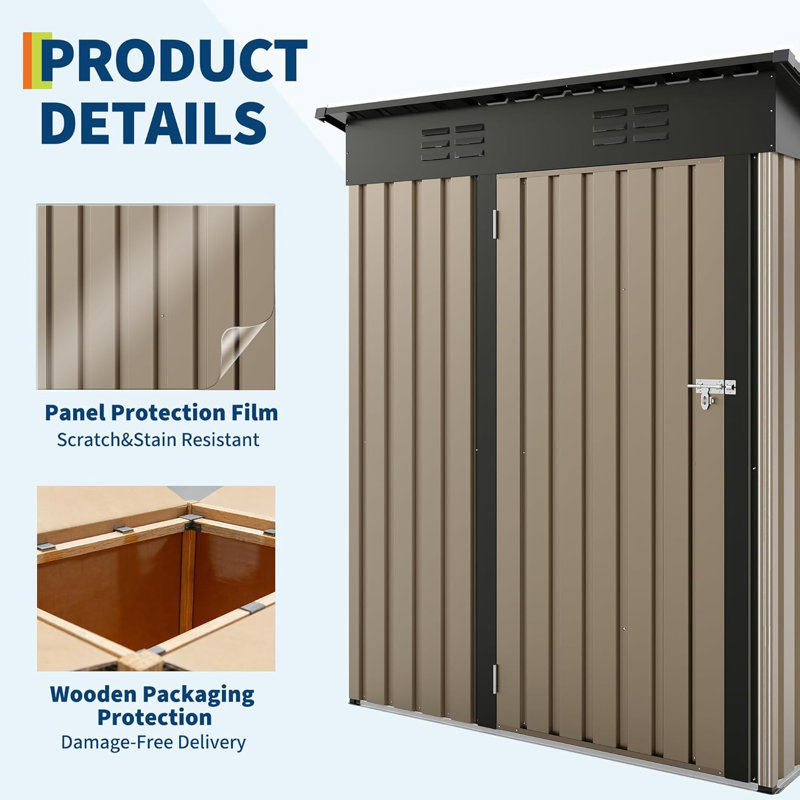 5x3 Ft Multi Purpose Outdoor Storage Shed With Lockable Door Anti Corrosion Construction Sloping Roof For Backyard And Patio Use