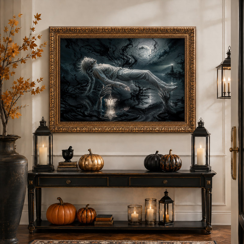 Homme flottant dans l'eau sombre près d'un papillon lumineux - Toile murale d'Halloween, 24"H x 36"W