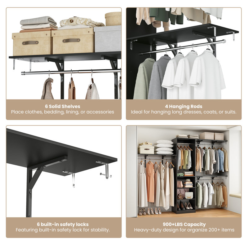 Portant à vêtements robuste pour garde-robe, système de rangement en bois avec 4 tringles et 5 tablettes, garde-robe réglable pour espaces de 8 pi