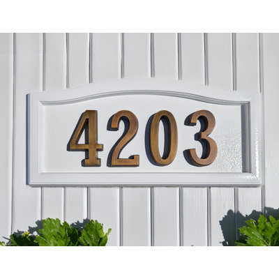 Softcurve Address Plaque with Factory Installed Floating 4 Inch Solid Brass Numbers. For Home or Business. 3 Plaque Colors and 5 Number Finishes. Includes mounting hardware and template for easy installation.