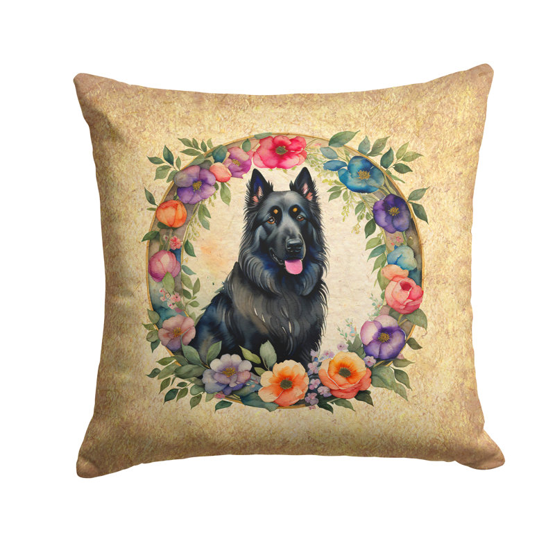 Coussin décoratif en tissu Berger belge et fleurs, H 18 po x l 18 po x P 4 po
