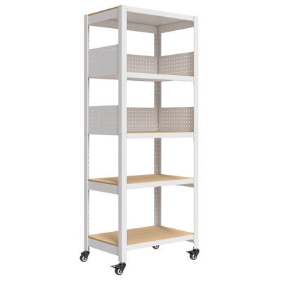 24"W Adjustable 5-Tier Shelf With Pegboard And Wheels For Closet, Pantry & Home Office, White, 1Pack