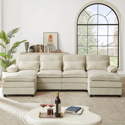 113" Chenille Fabric U Shaped Double Layer Soft Sofa with Toss Pillows