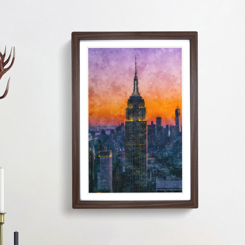 Empire State Building Sunset Framed Print, 33cm H x 24cm W x 2cm D, Walnut Framed