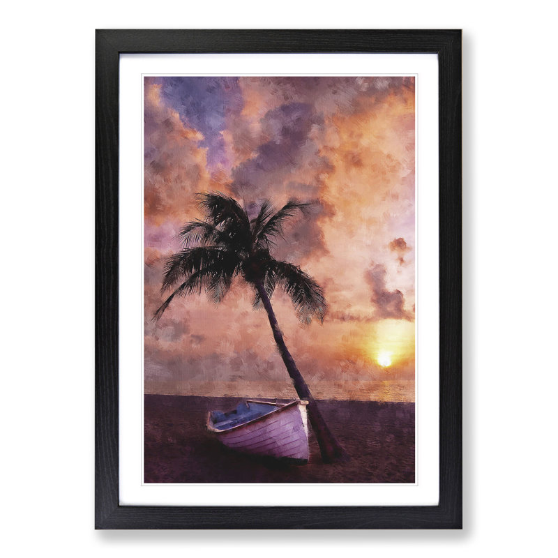 Palm Tree and Boat - Framed Print, 65cm H x 48cm W x 2cm D, Black Framed