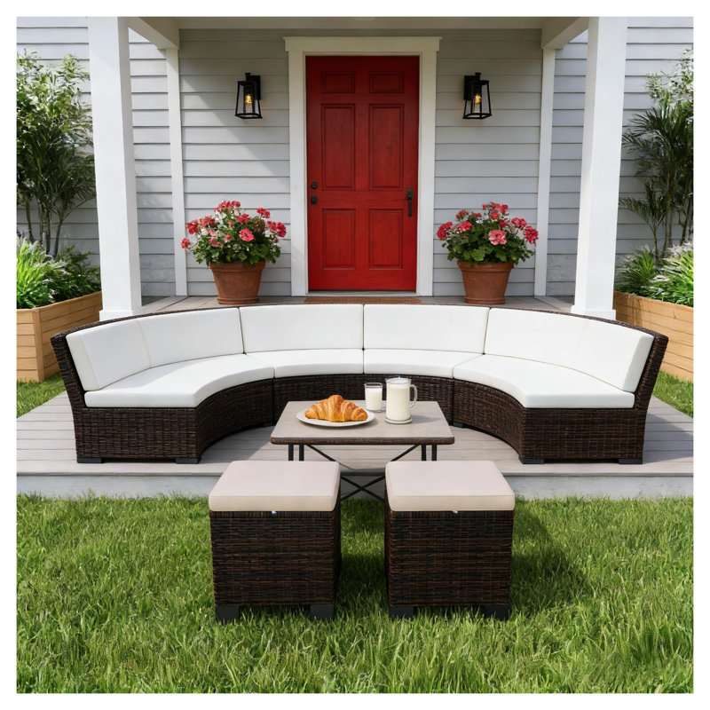 Ensemble de 2 repose-pieds d'extérieur en osier avec coussins, cubes de patio brun et blanc crème, Cream