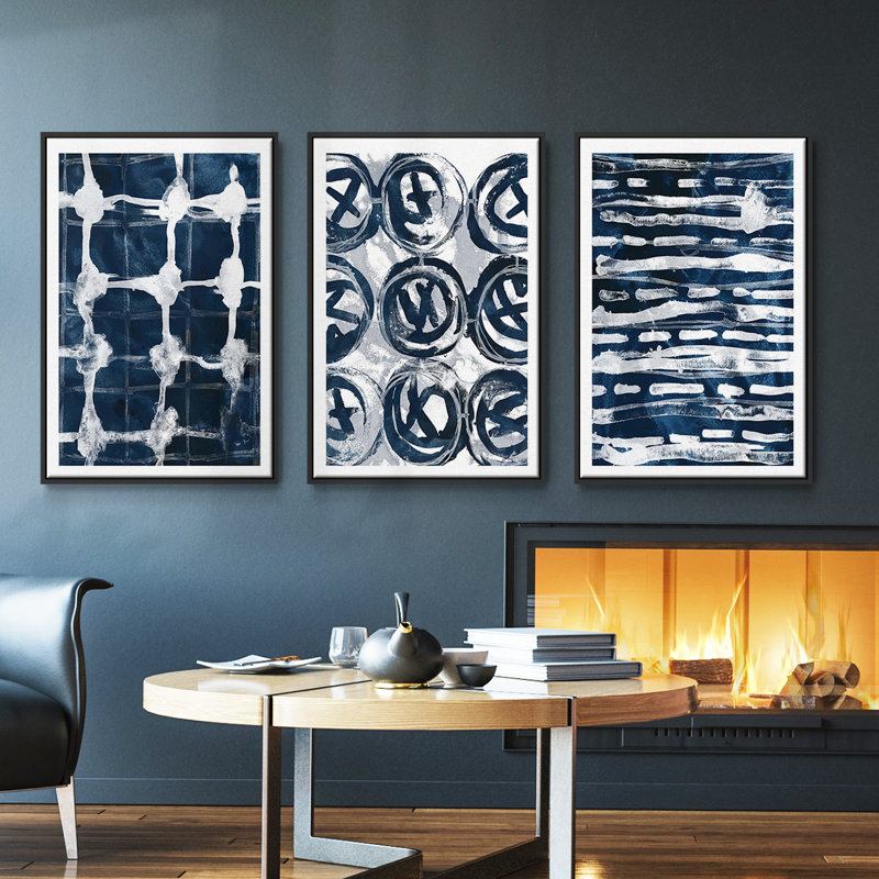 «Indigo Memory I», ensemble de 3 toiles encadrées, H 27 po x l 54 po, Cadre noir
