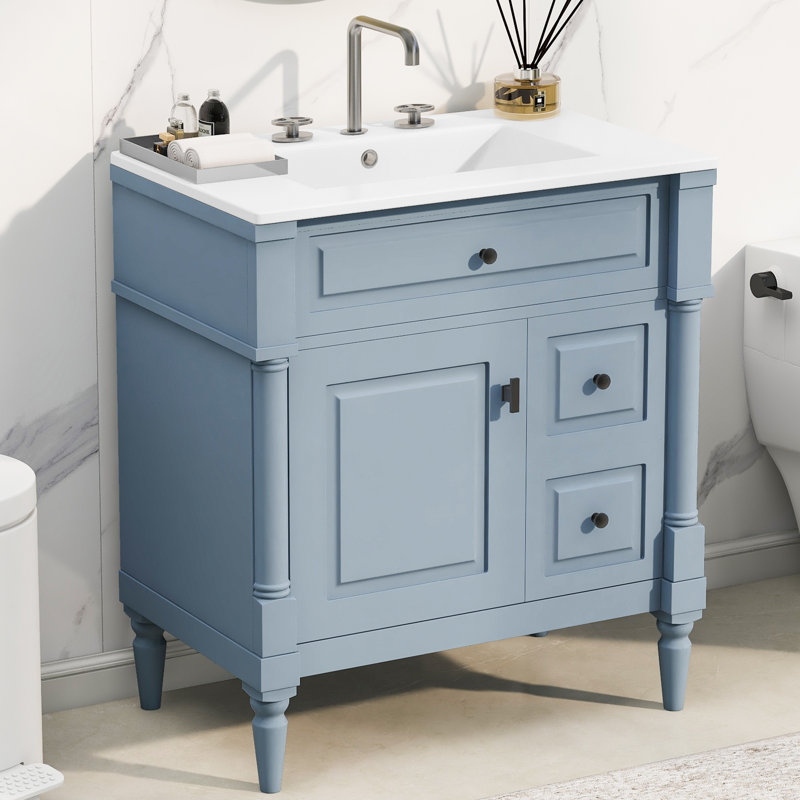 Meuble-lavabo de 30 po avec lavabo - autoportant, tiroir rabattable et tablette réglable, structure en bois d'hévéa massif, panneaux en MDF et poignées en métal, gris bleu - Mobilier de salle de bain