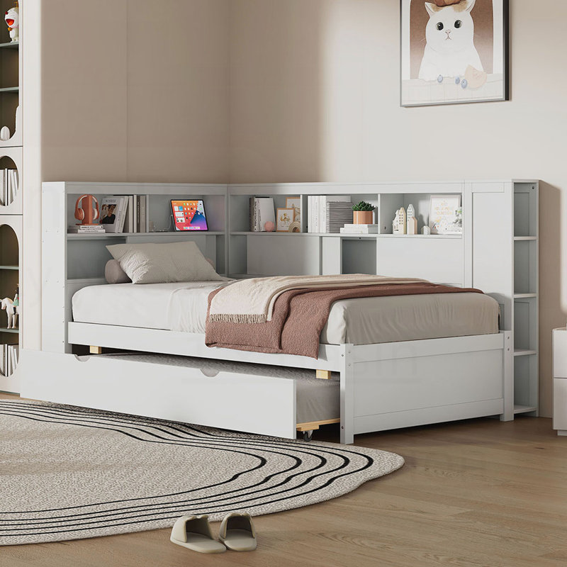 Wood Daybed with Storage Shelves, USB Charging, and Trundle for Modern Living, White