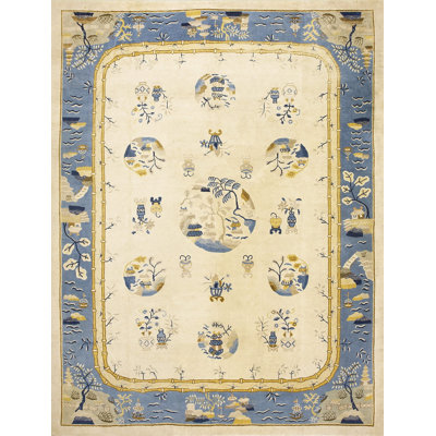 Antique Peking Chinese Floral, Medallion Ivory Beige Cream White 1900s Rug