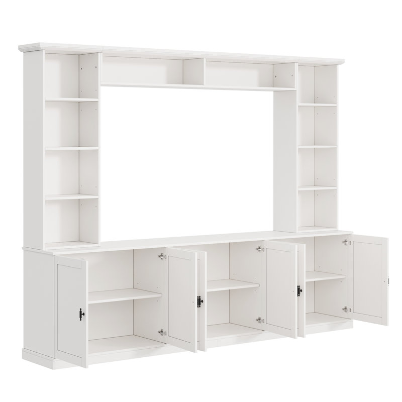 Meuble télé mural 4 pièces avec bibliothèque pour téléviseurs jusqu'à 70 pouces, meuble télé de style ferme moderne avec étagère réglable, console multimédia de style milieu du siècle avec pont pour salon