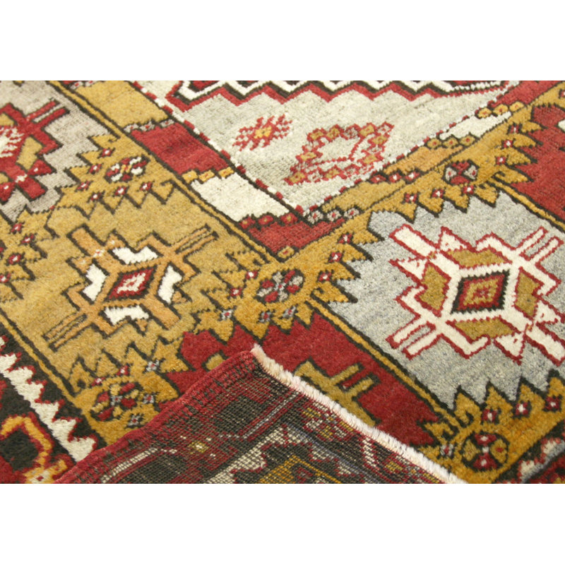 Tapis unique en laine noué à la main des années 1960 de 4 pi x 6 pi en rouge / jaune / gris