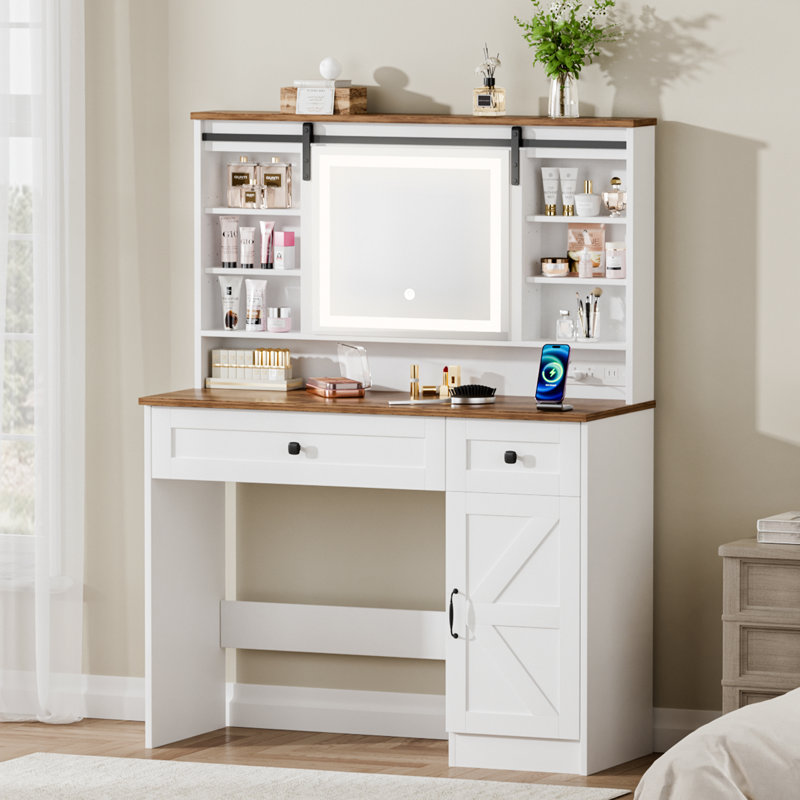 White Vanity With 4 Drawers & Shelves, 42.1'' Farmhouse Makeup Vanity Desk Featuring A Sliding Mirror And Lights, A Rustic Large Vanity Set Suitable For The Bedroom.