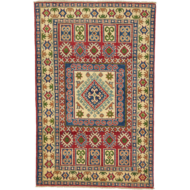 Tapis de zone en laine beige/rouge 3 pi 3 po x 5 pi one-of-kind à la main noué la Alayna
