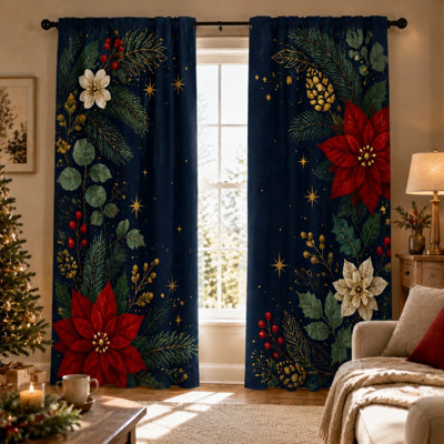 2 pièces de rideaux de Noël festifs en forme de pomme de pin, décoration de motif floral des Fêtes, art de la nature d'hiver bloquant le soleil, texture de tissu doux pour la décoration de chambre à coucher de salon pour la maison