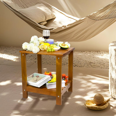 2-Tier Teak Wood End Table With Storage Shelf, Versatile Indoor Outdoor Side Table And Shower Corner Caddy With Slatted Design