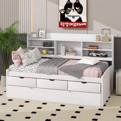 Wooden Captain Bed With Built-In Bookshelves,Three Storage Drawers And Trundle