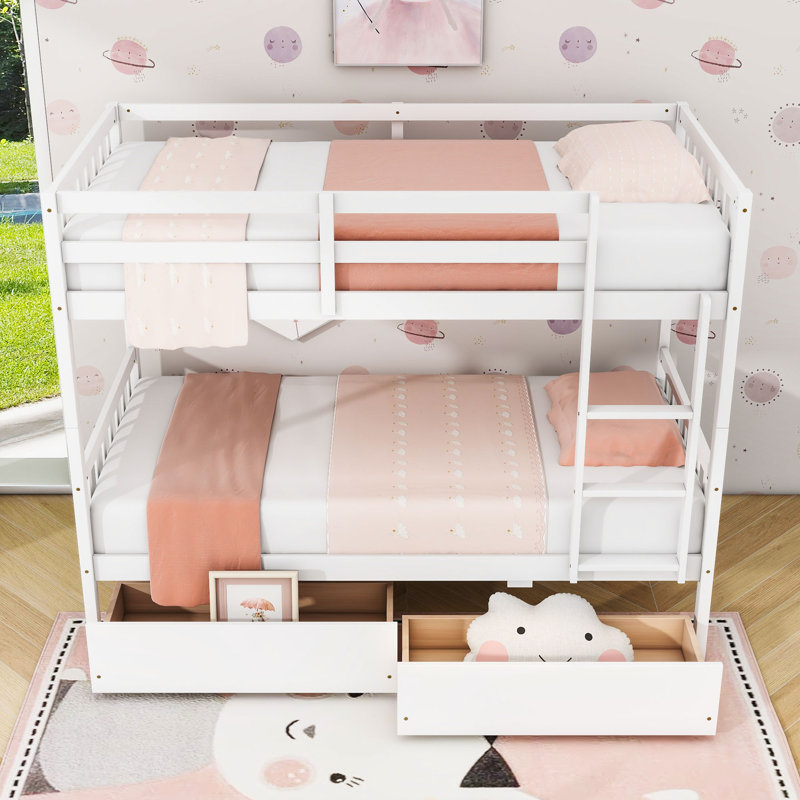 Lit superposé en bois avec 2 tiroirs, Simple sur simple, Blanc